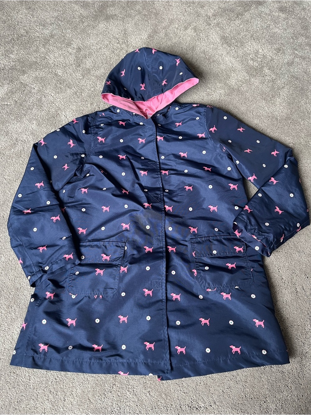 Gymboree Navy Hooded Raincoat with Pink Dog Print Girls Large 10-12